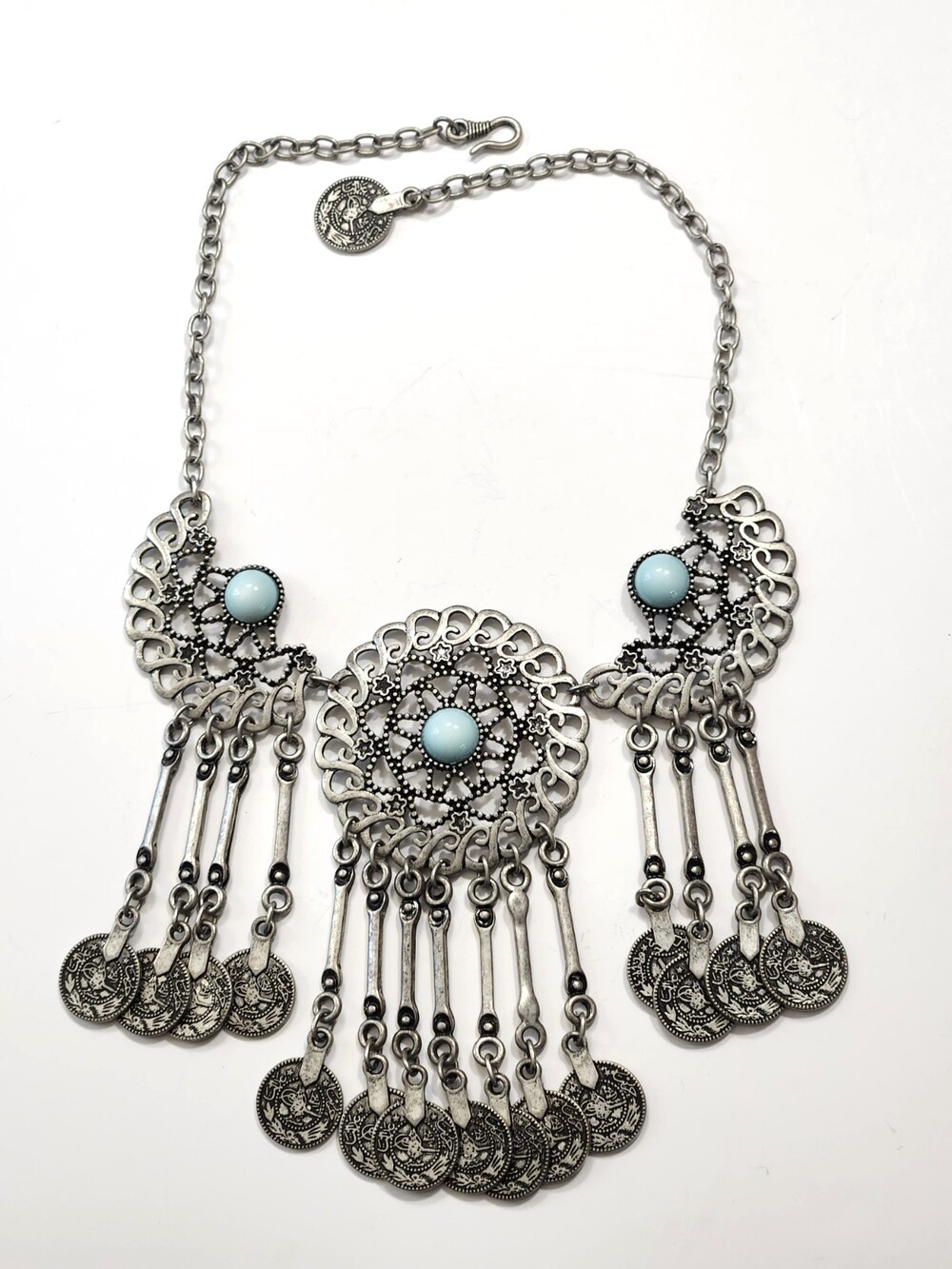 Exotic Filigree Panel Bib Necklace Coin Dangles Lt Blue Faux Stones Turkish Boho